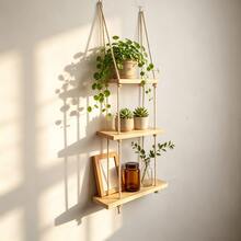 INS Style, Multi-Functional Solid Wood Storage Rack, With 2 Hooks For Displaying Figurines, Balcony/Living Room/Bedroom Plant Holder, An Organizer For Cosmetics And Decorative Items, Utility Racks. Wall-Mounted Multi-Tiered Storage Rack. - View 5