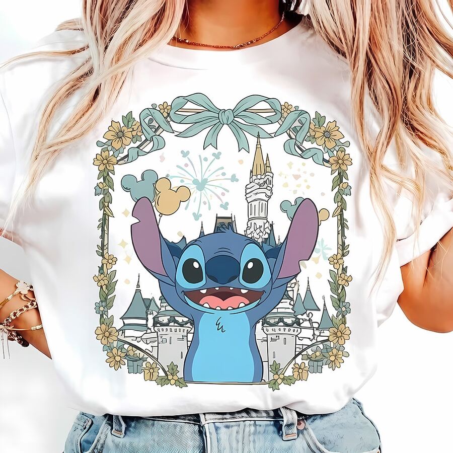 Disney Stitch Castle Crew Neck Sweatshirt: This Women's Crew Neck Sweatshirt Features Beloved Lilo & Stitch Character Stitch, Set Against A Magical Castle Theme, Perfect For Fans Of The Movie And Parks. Made With Soft, Thickened Fabric, It Offers A Cloud-Like, Skin-Friendly Feel That Keeps You Warm And Cozy All Day Long. The Front Showcases A Whimsical Print: A Joyful Stitch In Front Of The Castle, Framed By A Light Blue Bow, Flowers, Mickey Balloons, And Fireworks. The Soft, Playful Art Style Captures His Cheerful Energy Perfectly. Designed With A Relaxed Fit, This Sweatshirt Provides A Comfortable, Flattering Silhouette For All Body Types. It Works Great For Theme Park Visits, Casual Outings, Friend Gatherings, Or Cozy Days In, And Makes A Thoughtful Gift For Any Disney-Loving Fan. - White - View 1