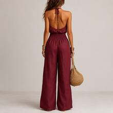 Mono de Mujer Color Caqui Estilo Boho con Cuello Halter, Sexy, Sin Mangas, Cintura Fruncida, Pierna Ancha, Tela Ligera Tipo Lino - Marrón claro - Ver 9