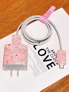 粉色海星花卉簡約風 Apple 充電器保護套，相容 20W 15 充電器、17 Pro Max、16 Pro Max 充電線保護套，防彎折、防貓咬，適用於 13/14 Plus/17 Pro Max/14 數據線保護器、充電器保護套，情人節禮物，時尚手機配件設計 - 塑膠線材保護器、充電線保護套 - 粉色 - 查看 1