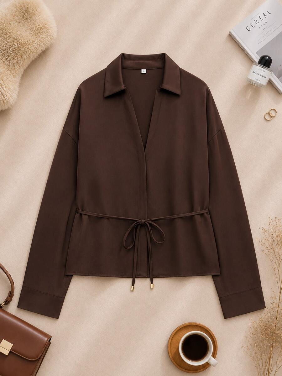 V-Neck Tie Satin Long Sleeve Shirt, Spring/Autumn - Coffee Brown - View 1
