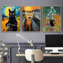 1pc Funny Black Cat Wall Art Set With Famous Paintings, Niche Healing Decor For Living Room Bedroom Study - Multicolor - View 3