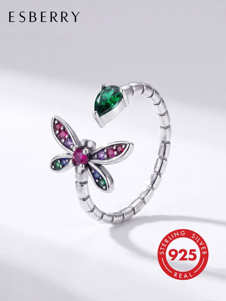 1枚925纯银钻石蜻蜓开口戒指,精致珠宝,女士礼品,适合晚宴/派对、生日/约会、日常佩戴或作为礼物。 - 綠色蜻蜓戒指 - 查看 1