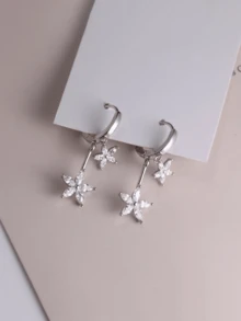 1 Pair S925 Sterling Silver Flower Earrings With Shiny Zirconia Stone Flower Pendant Double Hoop Earrings, Delicate And Elegant Earrings For Pierced Ears, Hypoallergenic, Suitable For Women's Daily Wear, Casual, Travel, Comes With Exquisite Gift Box, Great For Birthday, Holiday, Party Gifts - Silver - View 3