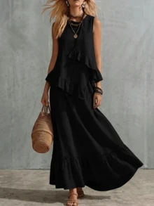 Women's Two-Piece Set, Sleeveless Ruffled Blouse And Long Ruffled Skirt - Black - View 1