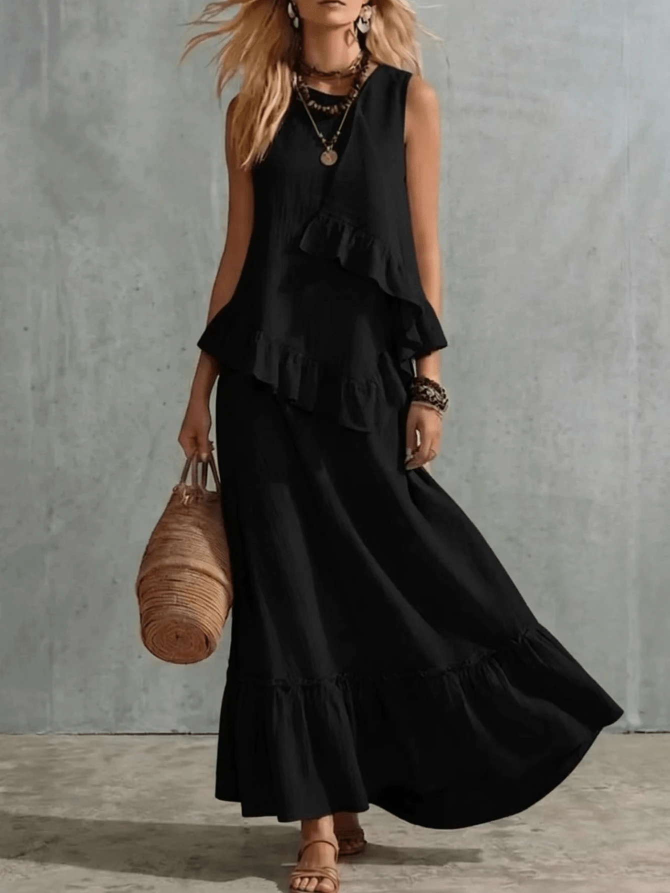 Women's Two-Piece Set, Sleeveless Ruffled Blouse And Long Ruffled Skirt - Black - View 1
