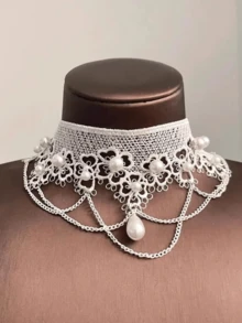 1pc Lace Pearl Tassel Necklace, Suitable For Valentine's Day Wear, Gift For Friends - White - View 3