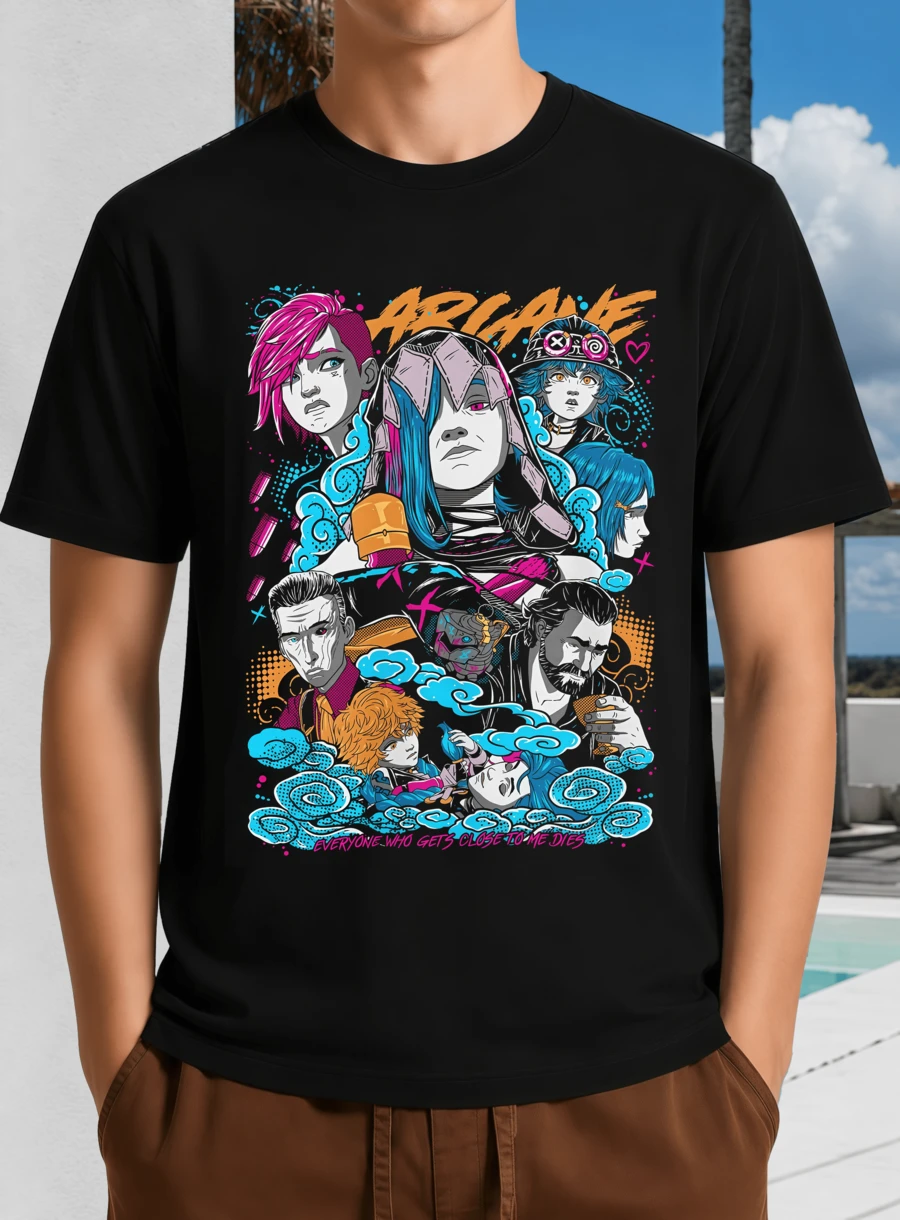 Svart unisex t-shirt med Arcane Collage och "Alla som kommer nära mig dör"-design - League ooo Legends - Svart - Visa 1