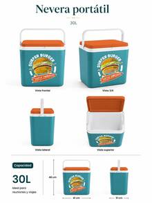 Nevera portátil - La mejor nevera portátil pequeña para acampar, la playa o viajes al campo - 24L-30L - Caja isotérmica con estampado de hamburguesa - Ver 3