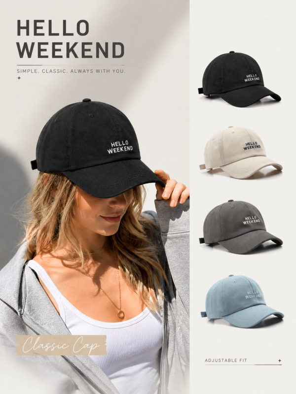 1件女款男款 Hello Weekend 棒球帽，簡約經典刺繡老爹帽，可調節，輕量，春夏季日常休閒街頭風旅行帽