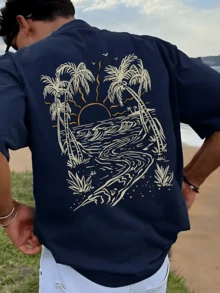 Men's Navy Cotton Graphic Tee, Oversized Tropical Beach Print T-Shirt, Streetwear Crew Neck Top, Loose Fit Vacation Style Casual Tee, Breathable Soft Cotton Summer Wear, Front & Back Print Palm Tree Sunset Graphic, Fashion Summer Streetwear T-Shirt For Men - Màu xanh hải quân - Xem 7