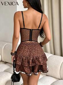 Vexica Women's Sexy Elegant Leopard Print Mesh Dress, Fashion Slim Fit Bustier Set, Suitable For Night Out, Daily Wear, Vacation, Party - Brown - View 2