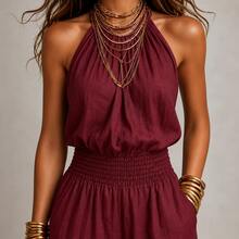 Mono de Mujer Color Caqui Estilo Boho con Cuello Halter, Sexy, Sin Mangas, Cintura Fruncida, Pierna Ancha, Tela Ligera Tipo Lino - Marrón claro - Ver 10