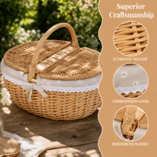 1‑Piece Standard Size Handmade Natural Wicker Picnic Basket, Rustic Country Style Woven Gift Basket With Lid & Portable Handles, Breathable Hand‑Woven Rectangular Storage Hamper For Outdoor Picnic, Party, Barbecue & Holiday Gifting - A - View 4