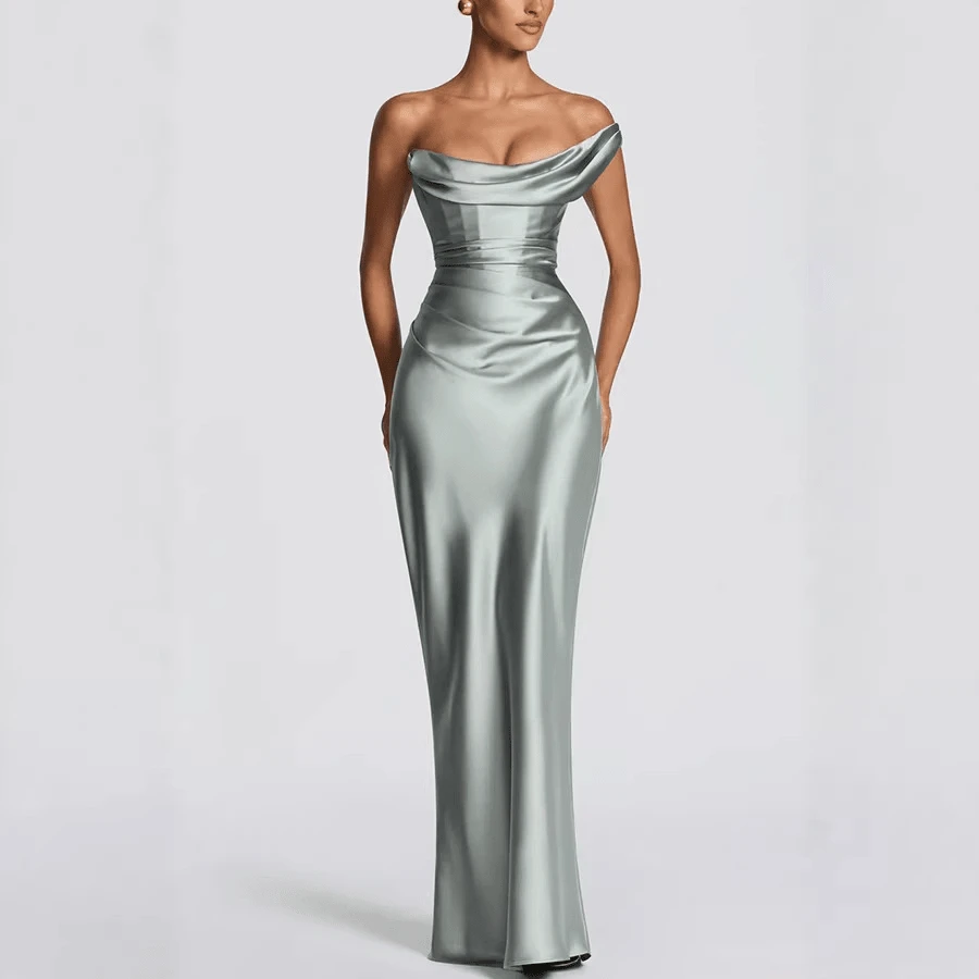 Backless Solid Color Maxi Dress, Women's Strapless Ruched Evening Party Dress - 綠色 - View 1