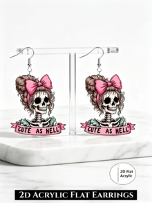 Pendientes con estampado de calavera y lazo rosa 2D, de moda y ligeros, adecuados para uso diario y fiestas, pendientes de pareja, regalo genial de Halloween para familia, amigos y compañeros de clase - Calavera con lazo rosa - Ver 3