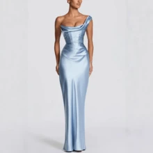 Backless Solid Color Maxi Dress, Women's Strapless Ruched Evening Party Dress - 淺藍色 - 查看 3