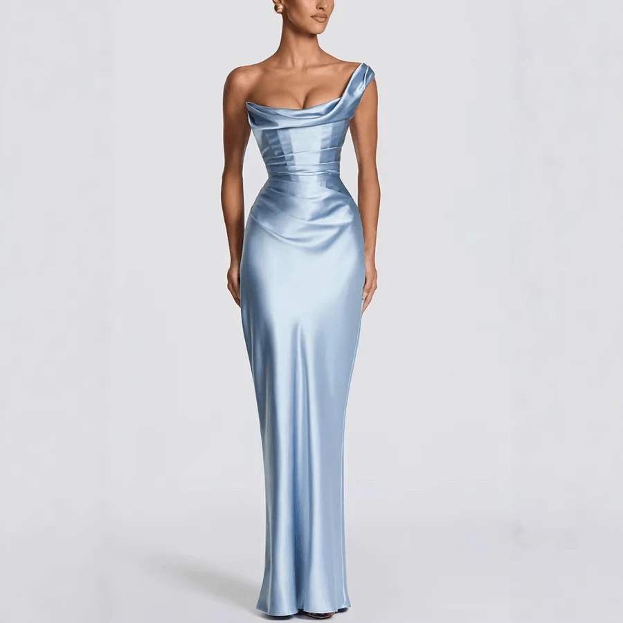 Backless Solid Color Maxi Dress, Women's Strapless Ruched Evening Party Dress - 淺藍色 - 查看 1
