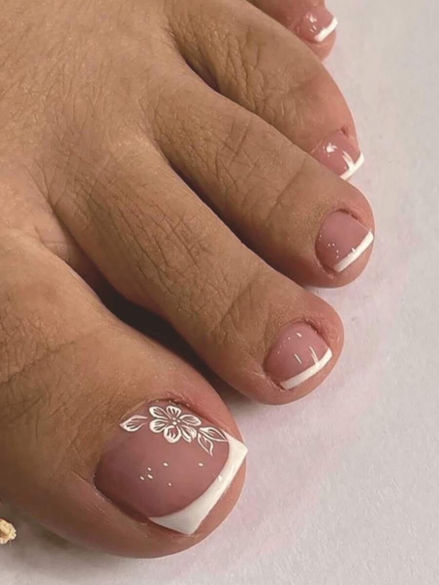 24pcs Short Coffin Shape Minimalist Style Press On Toenails With 1 Nail File And 1 Jelly Glue, Aesthetic False Nails For Women - Multicolor - View 1
