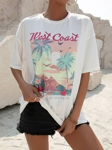 Tropical Sunset Dolphin Airbrush Tee, Casual Crew Neck Short Sleeve Oversized T-Shirt For Vacation & Festival, Retro Y2K Dolphin Graphic T-Shirt, Casual Crew Neck Short Sleeve Oversized Tee For Women,2026 Summer Women's Y2K Graphic Tees, Independence Day Pride Month Graduation Back To School Teacher Theme Loose Casual Oversized T-Shirt, Plus Size Tops - 白色 - 查看 1