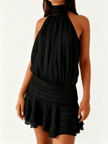 Women Black Chiffon Halter Neck Mini Dress Pleated Sleeveless Open Back A-Line Layered Ruffle Short Dress Vacation Club Party Wear - 黑色 - 查看 2