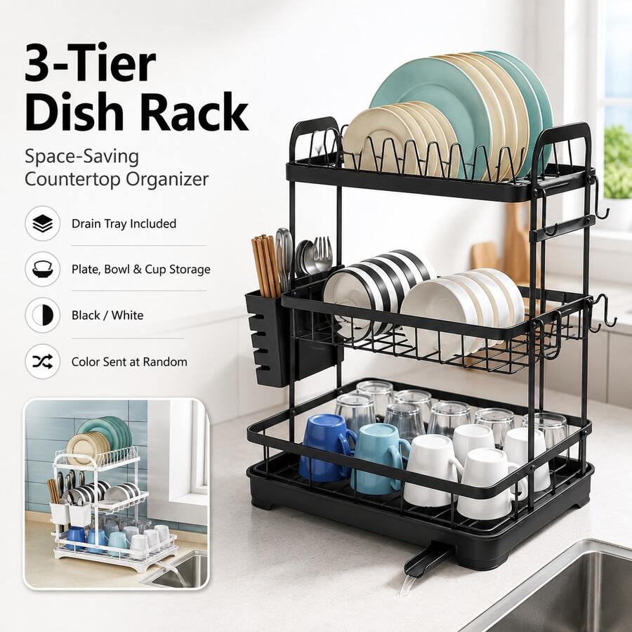 3-Tier Anti-Slip Tableware Storage Rack - Open Multi-Layer Gap Organizer Cart Base Tray (Classic Black/White Randomly Shipped) - View 1