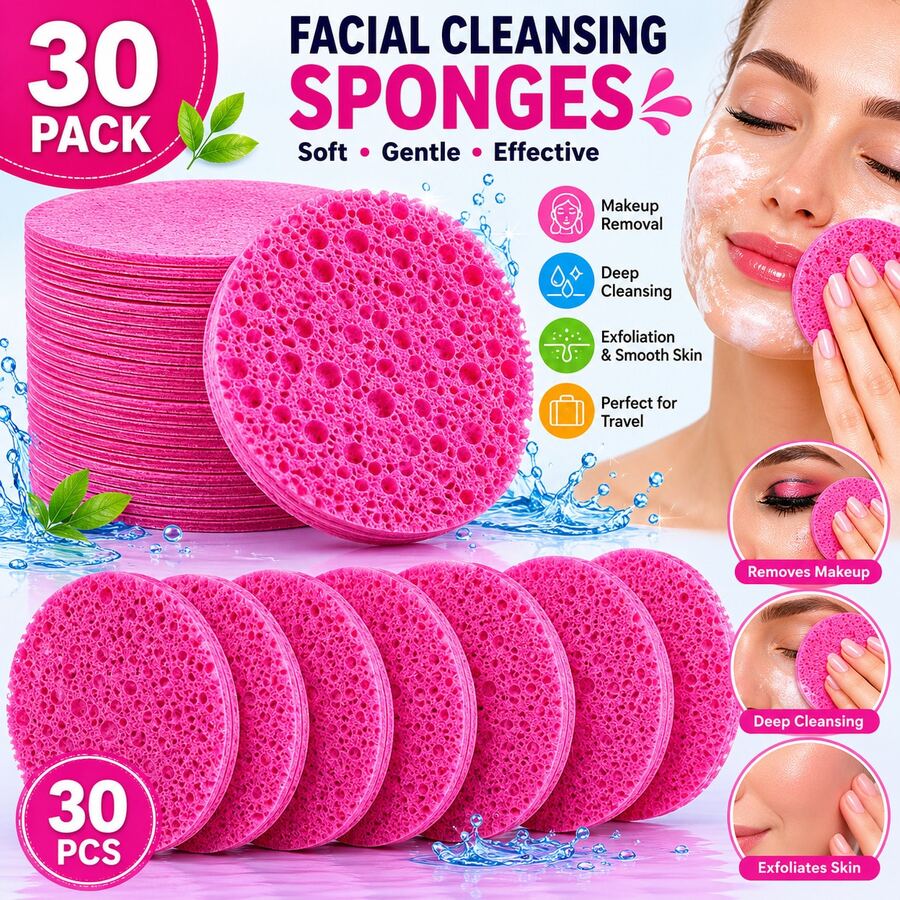 30 pièces Éponges de nettoyage facial rondes, éponges de nettoyage compactes conçues pour le démaquillage, l'exfoliation et le nettoyage, idéales pour une utilisation en voyage - Multicolore - Voir 1