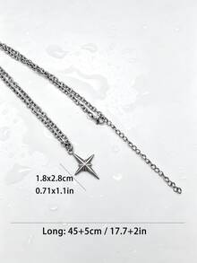 1pc Personalized Minimalist Fashion Stainless Steel Four-Pointed Star Pendant Necklace Men's Daily Basic Jewelry Accessory - Silver - View 6