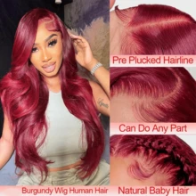 32 Inch 13x4 Lace Front Wigs Human Hair Pre Plucked 99J Burgundy Body Wave Lace Front Wigs With Baby Hair 250 Density, Real Human Hair No Synthetic Blend No Tangle No Shedding Triple Lifespan 3X - S99J - Xem 2