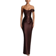 Backless Solid Color Maxi Dress, Women's Strapless Ruched Evening Party Dress - 咖色 - 查看 6