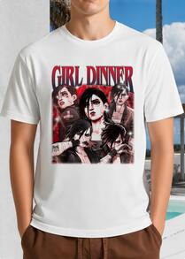 White Unisex T-Shirt With "Girl Dinner" Text & Anime Character Group - League O Legends Fan Art - White - View 1