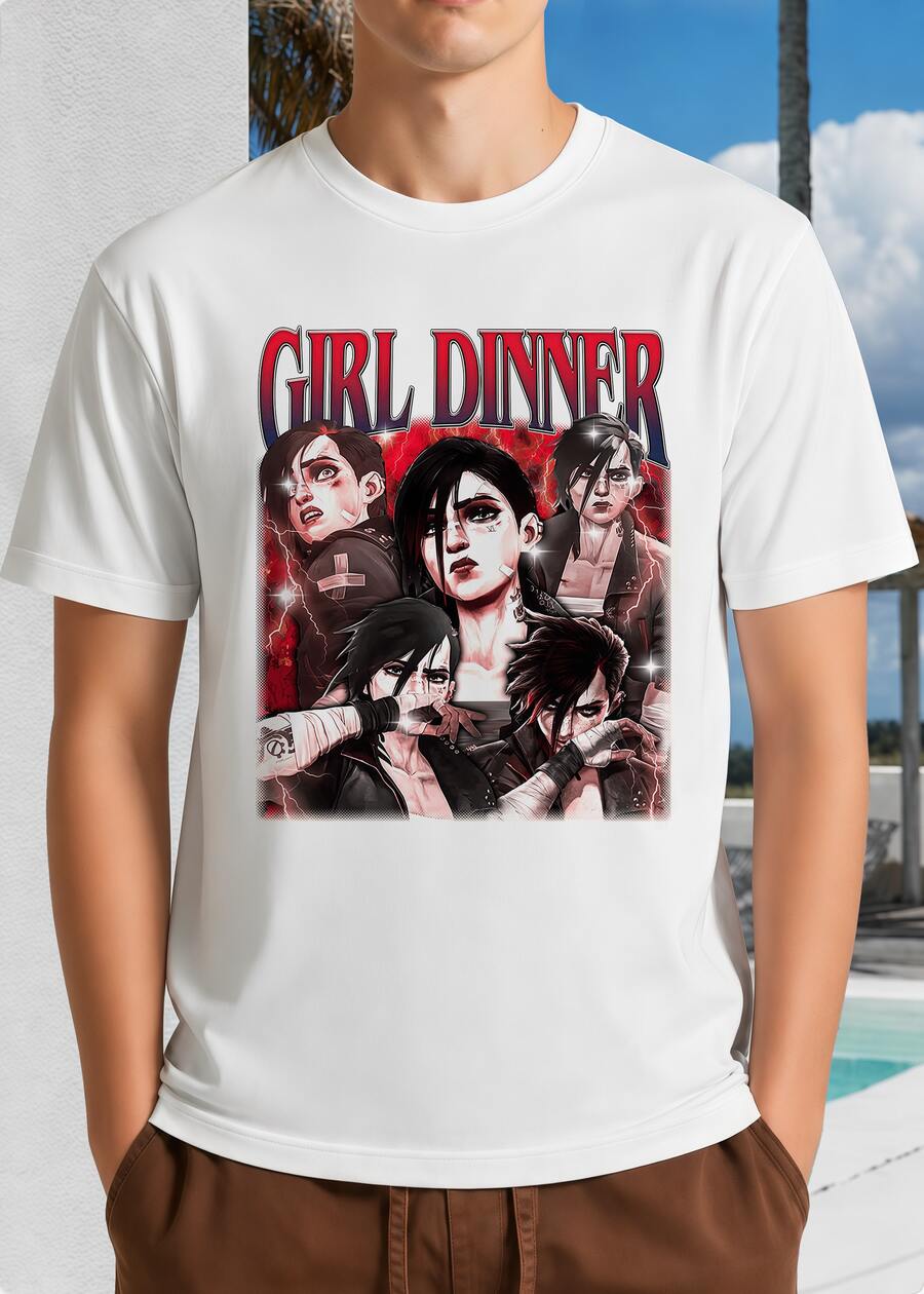 White Unisex T-Shirt With "Girl Dinner" Text & Anime Character Group - League O Legends Fan Art - White - View 1