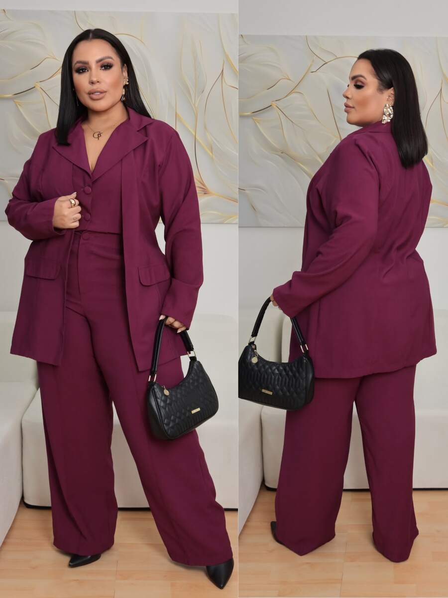 Conjunto Feminino Plus Size Alfaiataria Premium  – Blazer com Cropped Integrado + Calça - Vinho - Visão 1