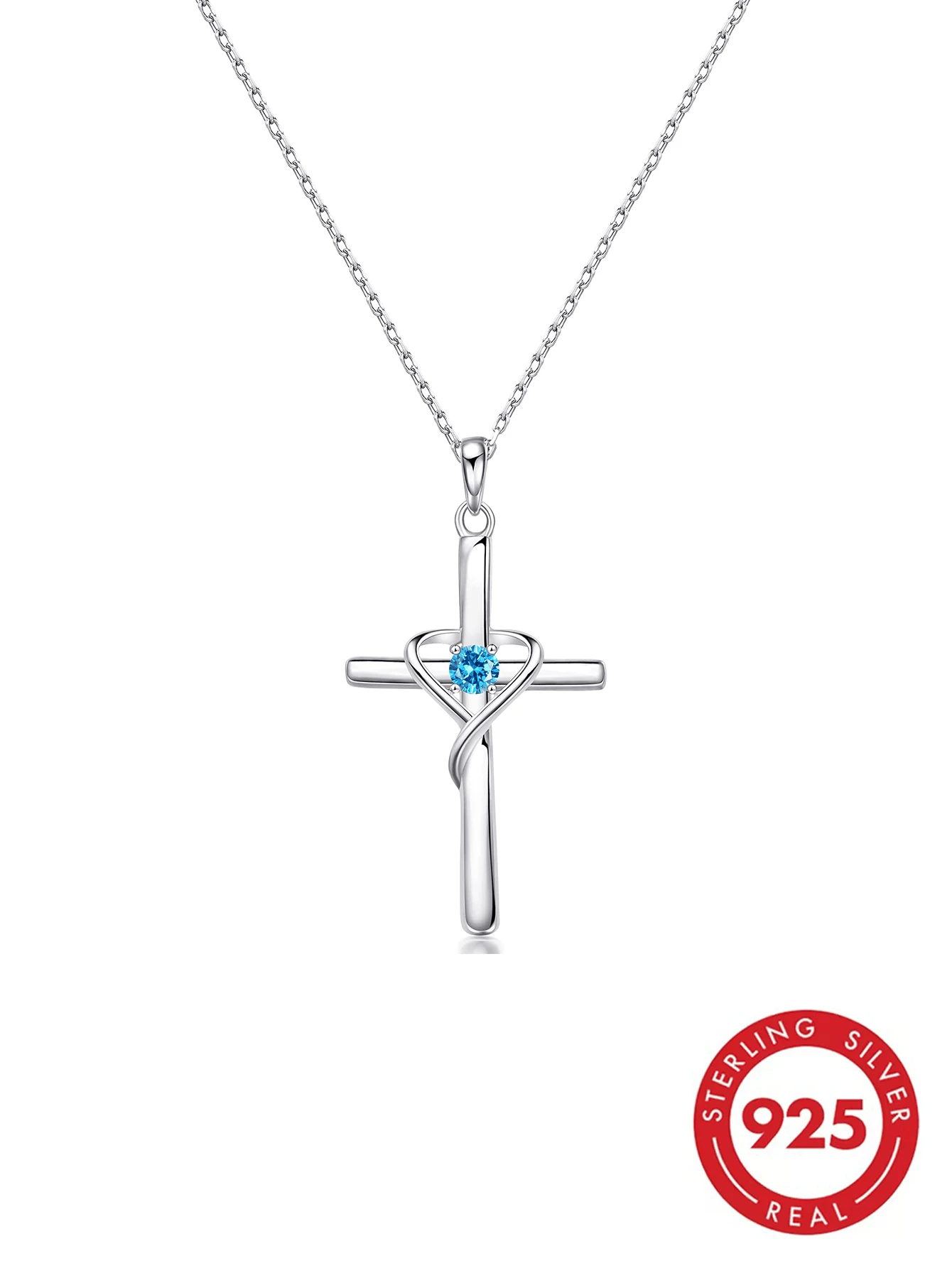 925 Sterling Silver Blue, Red & White Gemstone Cross Pendant Necklace, European & American Cool Style Birthday & Couple Gift Set