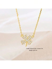 1pc Silver-Color Lucky Clover & Rhinestone Inlaid Simple Elegant Necklace, Retro Clavicle Chain Suitable For Girls Valentines,Mom,Mother,Mother's Day,Gift - Gold - View 5