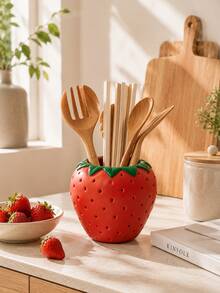 1pc Cute Strawberry Resin Utensil Holder, Playful Fruit Shaped Utensil Storage Box, Durable Resin Material, Can Store Spoons, Forks, Spatulas, Suitable For Kitchen Countertop, Bright Red Design Adds Cheerful Summer Vibe To Cooking Space - Multicolor - View 3
