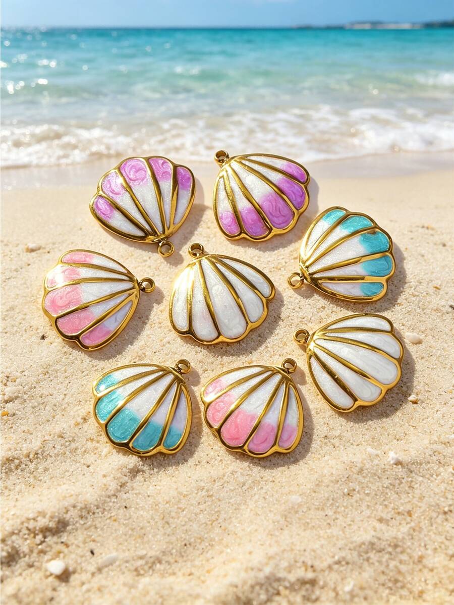 3 PIEZAS/5 PIEZAS Dijes de Concha Esmaltada Chapados en Oro, Colgantes de Playa de Verano en Forma de Vieira, Componentes de Joyería de Acero Inoxidable para Hacer Pulseras y Collares DIY - caparazón - Ver 1