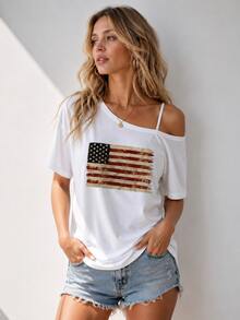 2026 New One-Shoulder T-Shirt, Short-Sleeved T-Shirt, American Flag, Patriotic Print Fashion Top, One-Shoulder Strap, Sexy Off-Shoulder Fashion Outfit - 白色 - 查看 11