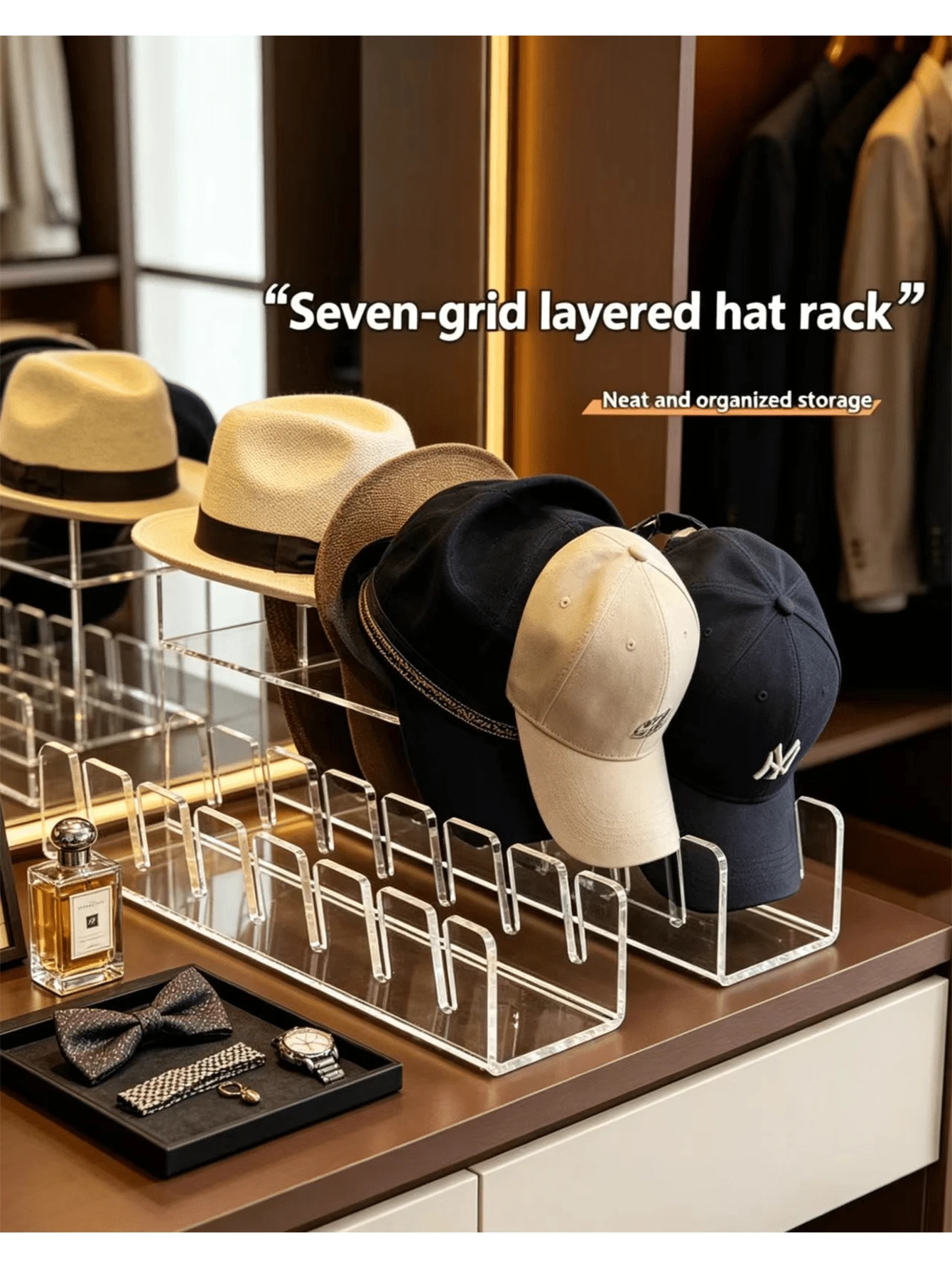1/2/3/4pcs No-Installation Transparent Acrylic Baseball Cap Rack, Can Hold 14 Caps. Cap Rack, Cap Display Stand, Storage Organizer, Suitable For Wardrobe, Bedroom And Vanity - Clear - View 1