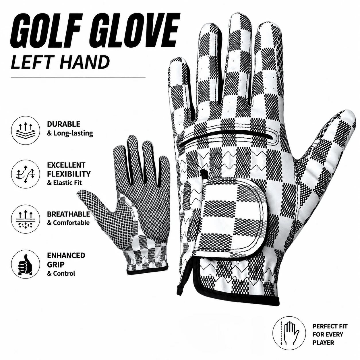 Professional Leather Golf Glove, Non-Slip Golf Glove, Men's Left Hand Golf Glove 1pc, Premium Training Golf Durable Glove, Random Pattern Cut Glove - White - View 1