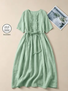 Frühling Sommer Herbst Vintage Bohemian elegantes Damenkleid mit Rundhalsausschnitt, doppellagigen Rüschen, Plissee, Patchwork, Bindegürtel, Knöpfen, mittellang, leicht und atmungsaktiv, Vintage-frisches Rüschen-Dekor, Taillenknöpfe, Kurzarm, süß, vielseitig, elegant, für den Arbeitsweg, schlicht, minimalistisch, leichtes atmungsaktives Material - Grün - Übersicht 2