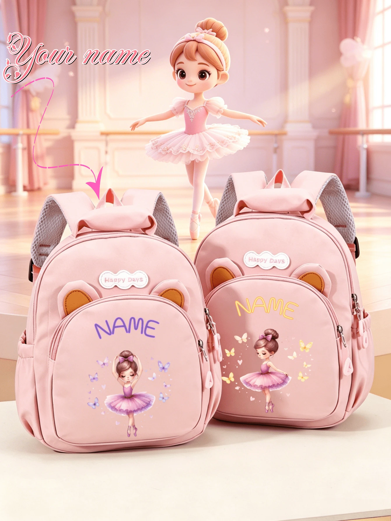 1pc Mini Back To School Personalized Bear Backpack, Versatile Casual Ballet Cartoon Girl Butterfly Print, Zipper Closure, Nylon Material, Adjustable Shoulder Strap, Hand-Carry, Suitable For School, Shopping, Daily Outings, Birthday Gift - Multicolor - View 1