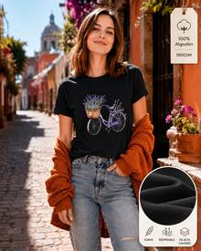 Casual T-Shirt 2026 Purple Bicycle Print With Lavender Basket Country Style Short Sleeve Floral Unisex Clothing - 黑色 - 查看 2