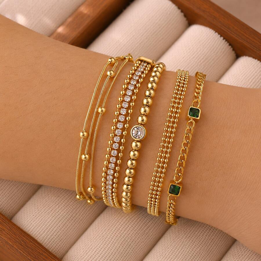 Chiếc vòng tay thời trang tối giản cá nhân hóa bằng thép không gỉ mạ vàng 18K này, kết hợp với những hạt vàng nhỏ và dây xích, thể hiện phong cách Pháp thanh lịch, phù hợp cho phụ nữ đeo trong các bữa tiệc, hẹn hò và công sở. - Vàng - Xem 1