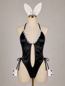 Satin Bunny Body Costume With Ears And Bracelet - Sexy Luxury High-Shine Lingerie - màu đen - Xem 1