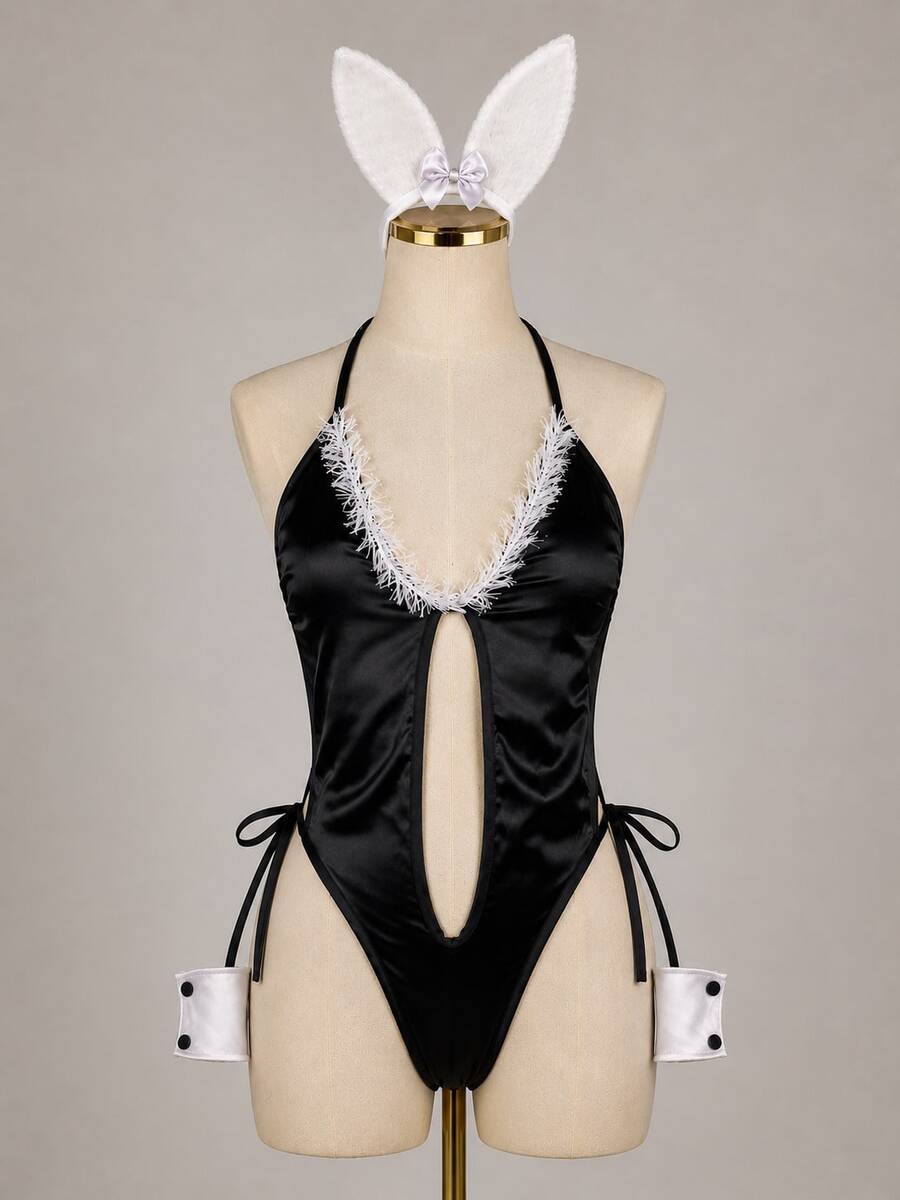 Satin Bunny Body Costume With Ears And Bracelet - Sexy Luxury High-Shine Lingerie - màu đen - Xem 1