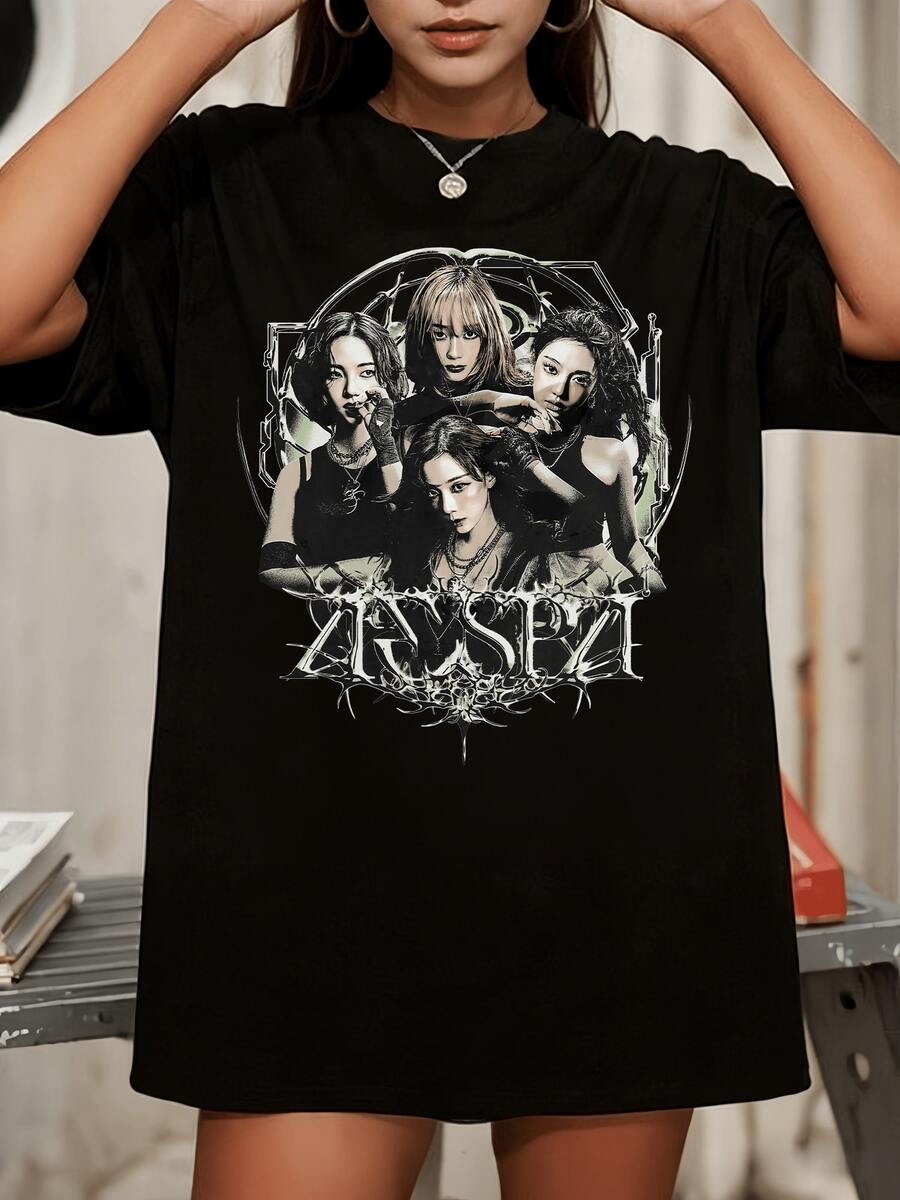 AESPA Gothic Bootleg Style Graphic T-Shirt, Crew Neck Casual Short Sleeve Top For Fans - 黑色 - 查看 1