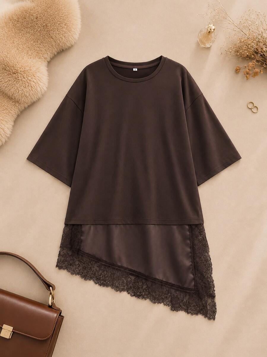 Solid Color Contrast Lace Short Sleeve T-Shirt, Spring/Summer Casual - Coffee Brown - View 1