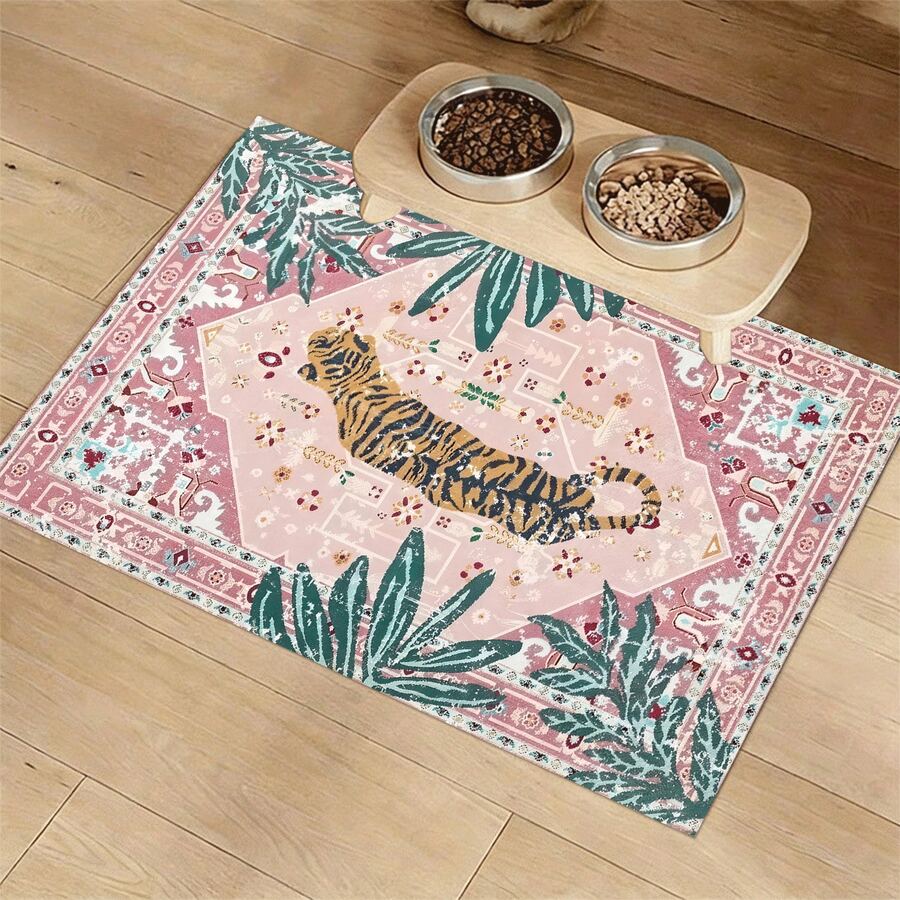 Pet Placemats Lying Tiger Design Pet Feeding Mat With Plant Patterns, Featuring A Non-Slip And Absorbent Surface - Easy To Clean, Made Of Diatom Mud, High-Quality Cat Feeding Mat, Pet Dining Mat, Dog Food Mat, Decorative Pet Door Mat  ﻿
