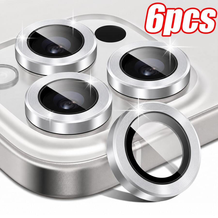 CASECOPS 6入裝銀色CD圖案環形相機鏡頭保護貼附安裝套件，適用於 17 Pro Max/17 Pro/17 Air/17e/17、16 Pro Max/16 Pro/16 Plus/16e/16、15 Pro Max/15 Pro/15 Plus/15、14/13/12/11及其他機型。採用AR高品質9H硬度鋼化玻璃搭配鋼化玻璃金屬環，高清晰度、防摔、防油、防刮、防指紋、防塵、全覆蓋、無氣泡、易安裝，相容手機殼